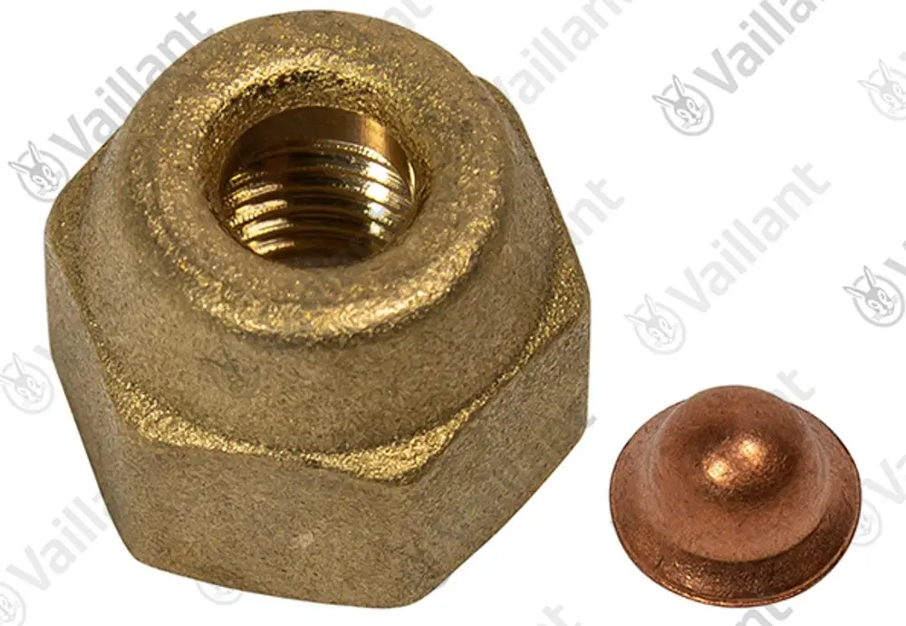 Vaillant Metallanschluss mit Innengewinde und einer kleinen Kupferkappe daneben. Der Anschluss ist sechseckig und hat eine metallische Oberfläche.
